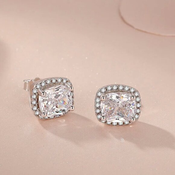 NWT Stud Earrings S925 Sterling Silver Clear Square Cushion Cut CZ Halo Setting - Picture 2 of 10
